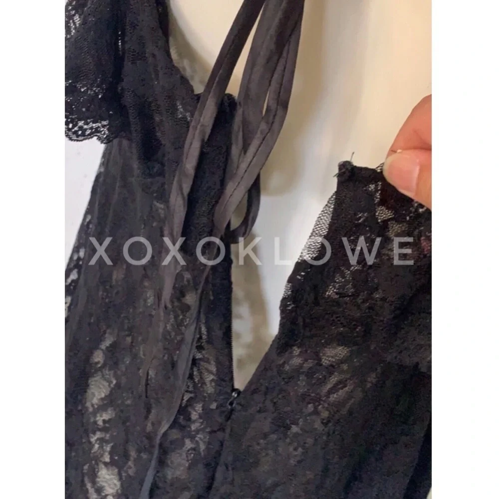 POL Black Sheer Lace Ruffle Tiered Layering Slip